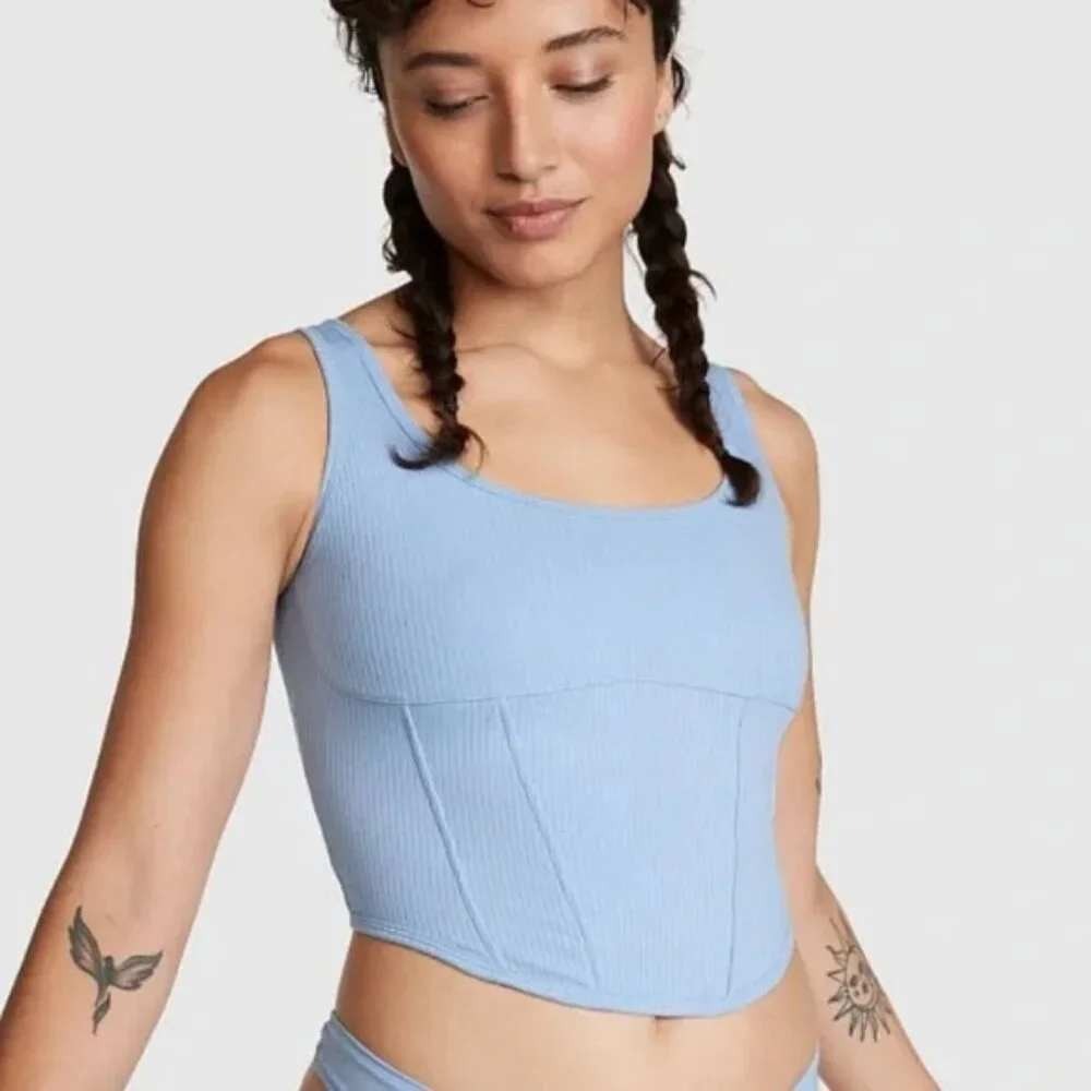 PINK Victoria's Secret Light Blue Ribbed cinched Corset top bralette Medium NWT